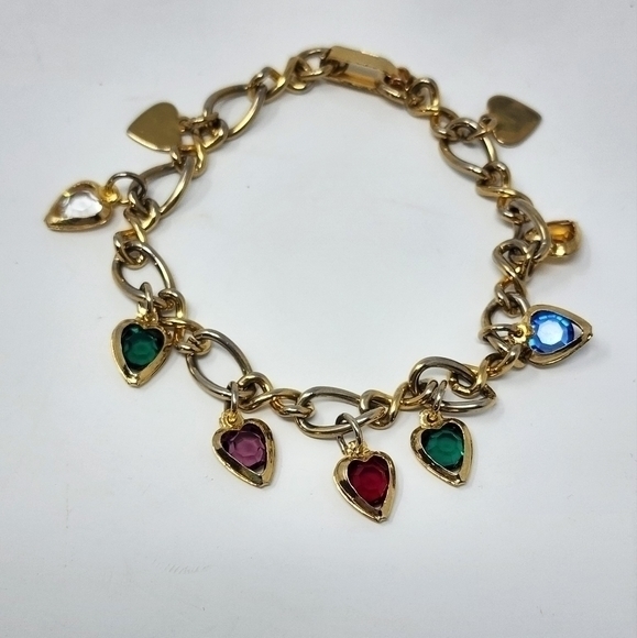 Multi Color Heart Charm Gold Tone Bracelet - Picture 3 of 9